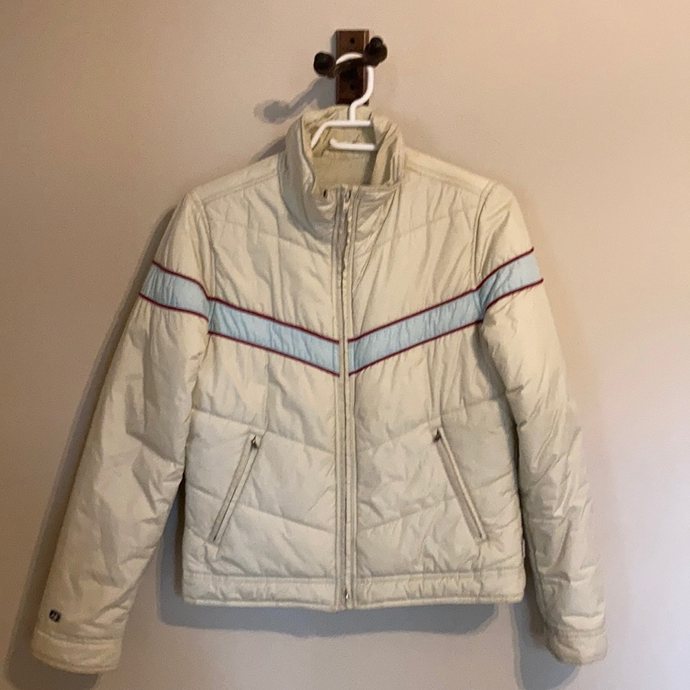 Abercrombie & Fitch Cream Bomber Jacket with Red and Blue Accents